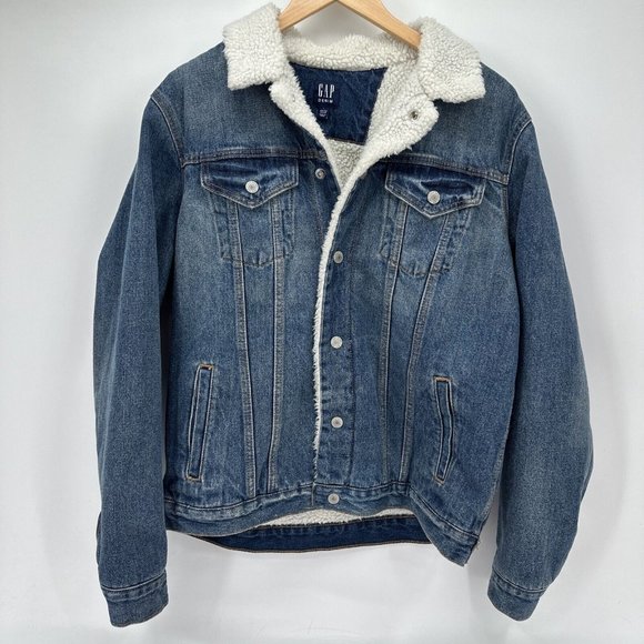GAP Other - GAP Denim Men's Trucker Jacket Sherpa Lined Blue Jean Size Large